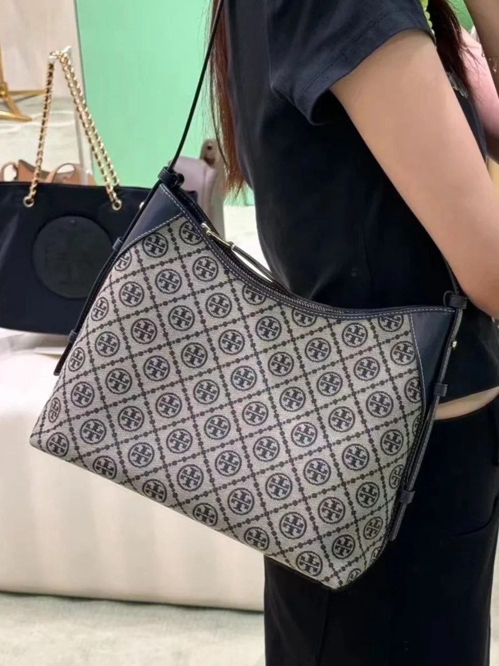 Tory Burch Gray Logo Jacquard Shoulder Bag